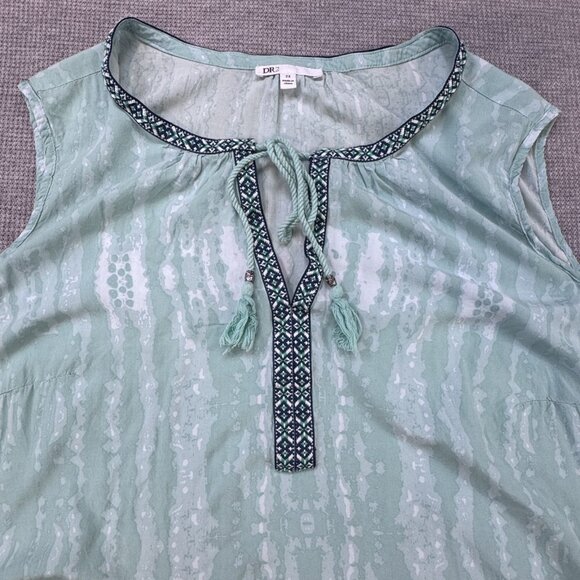 DR2 Womens Tunic Top Blue Sleeveless Tie Dyed Rose Rayon Tie Fringe Boho Size 2X - Picture 5 of 12